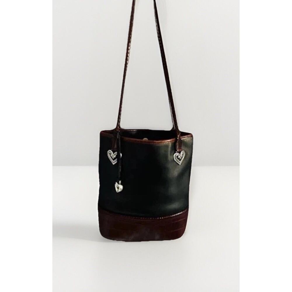 Vintage Brighton Black Leather Caroline Bucket Bag Purse Hearts Brown Croc Tote - Picture 2 of 16
